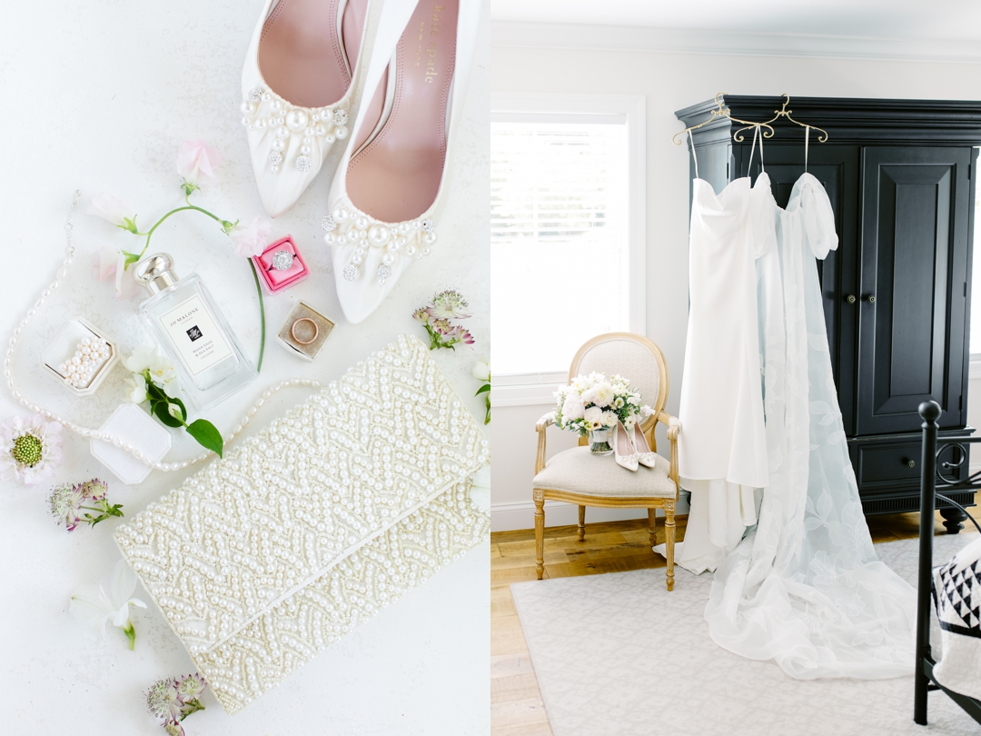 Close-up of Suzie’s Jenny Yoo gown hanging near the window in the Sunflower Hill Farm bridal suite.