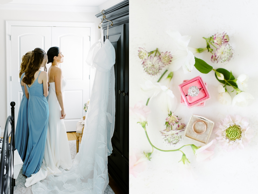 Suzie in her elegant Jenny Yoo gown, standing near the large windows of the bridal suite at Sunflower Hill Farm.
