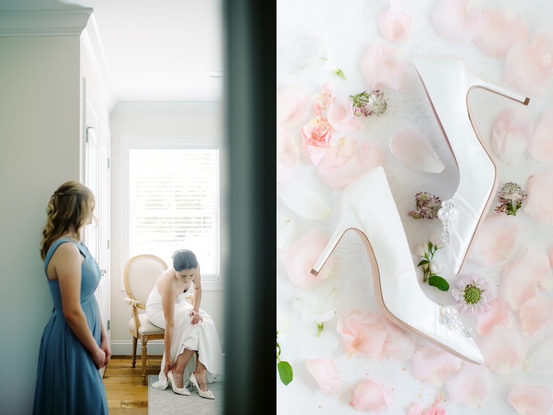 “Suzie getting ready in the bridal suite at Sunflower Hill Farm, surrounded by her bridal details and natural light.