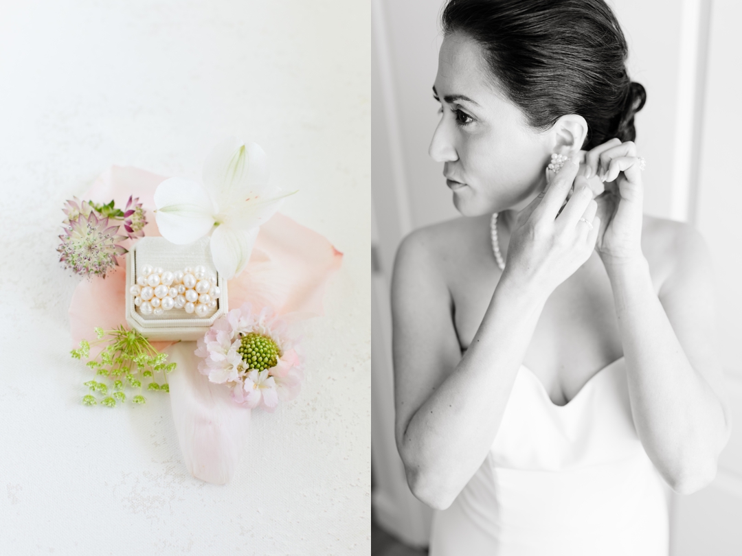 “Suzie getting ready in the bridal suite at Sunflower Hill Farm, surrounded by her bridal details and natural light.