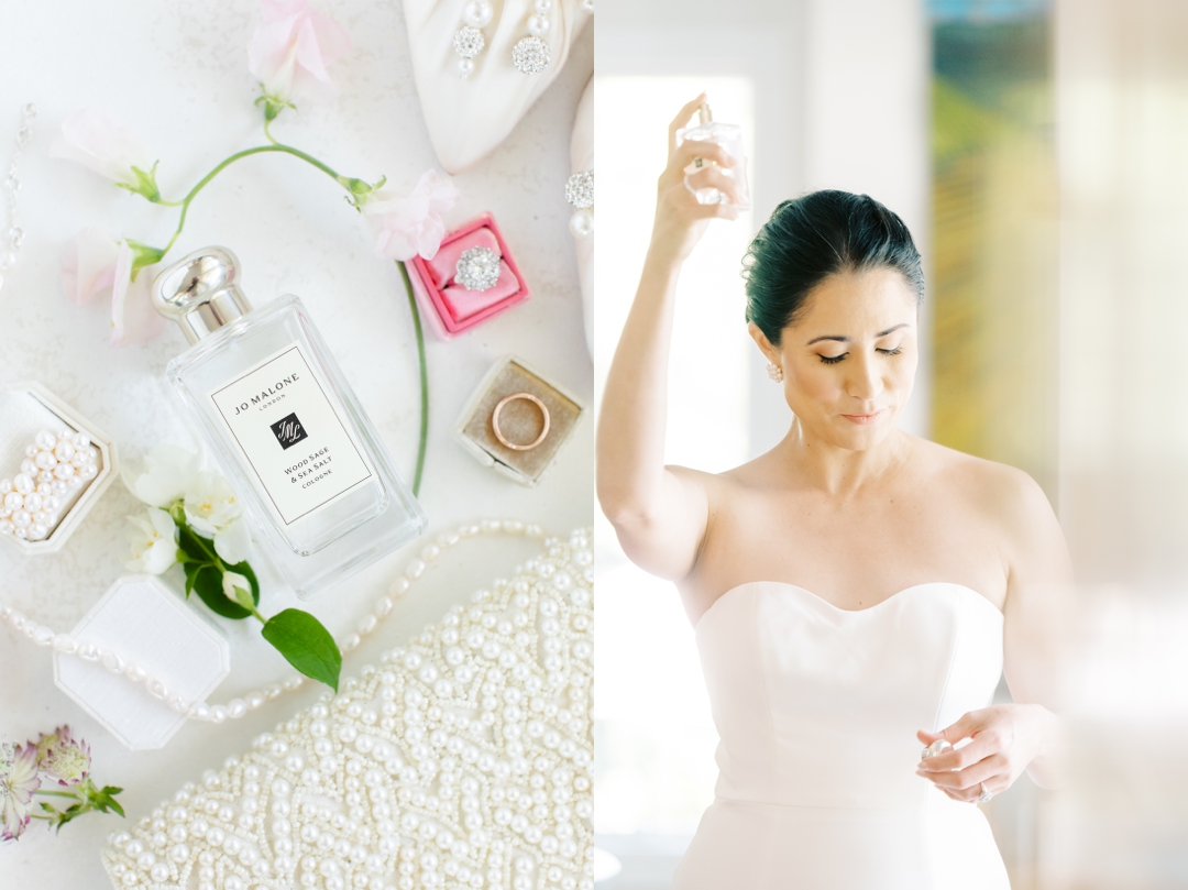 “Suzie getting ready in the bridal suite at Sunflower Hill Farm, surrounded by her bridal details and natural light.