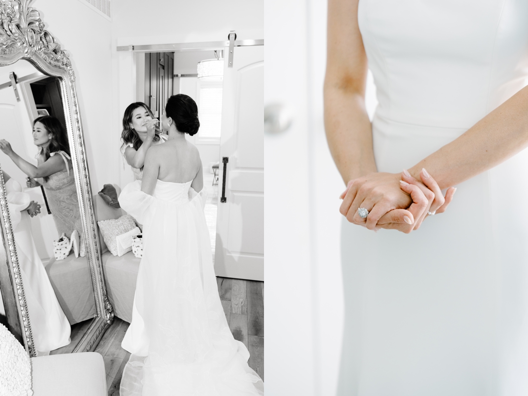 Candid moment of Suzie’s makeup being done by Phi Trinh Hair & Makeup Artistry in the Sunflower Hill Farm bridal suite.