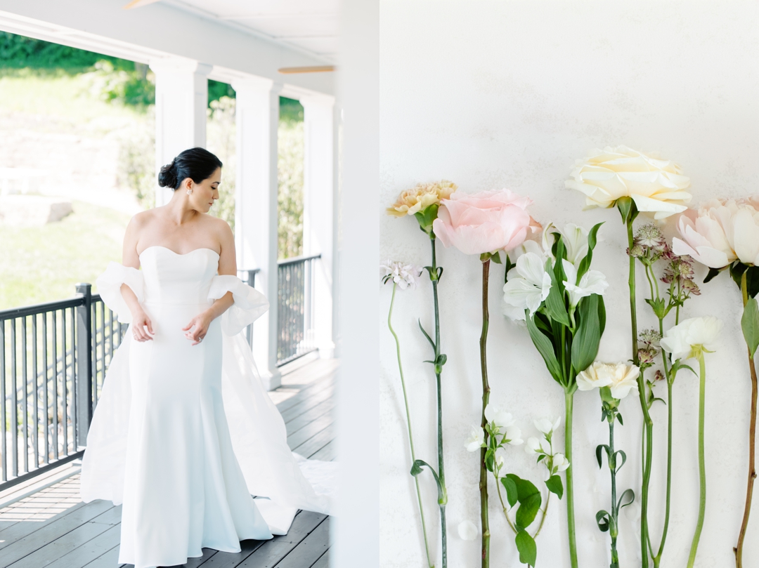 Suzie in her elegant Jenny Yoo gown, standing near the large windows of the bridal suite at Sunflower Hill Farm.