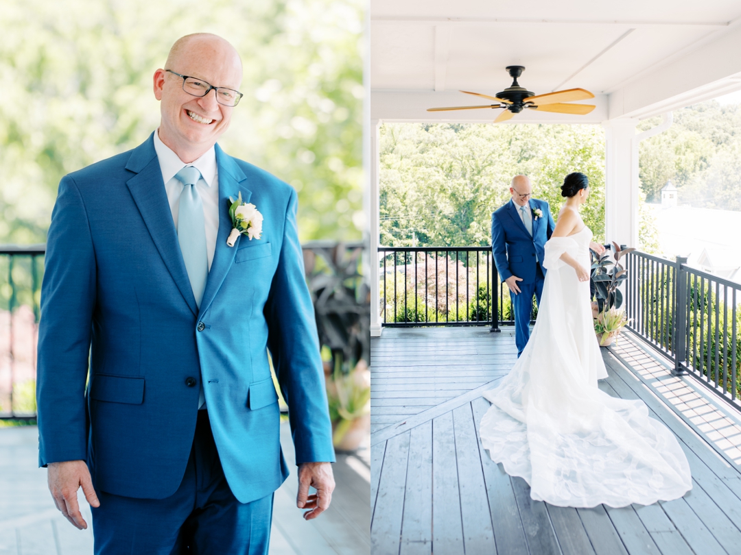 Russell’s reaction as he sees Suzie for the first time in her elegant Jenny Yoo gown during their first look at Sunflower Hill Farm.