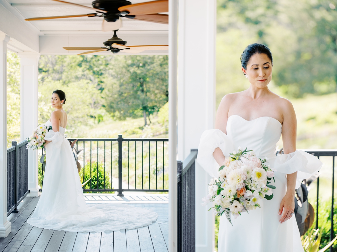 Close-up of Suzie’s bouquet with lush florals, complementing her timeless wedding day look.