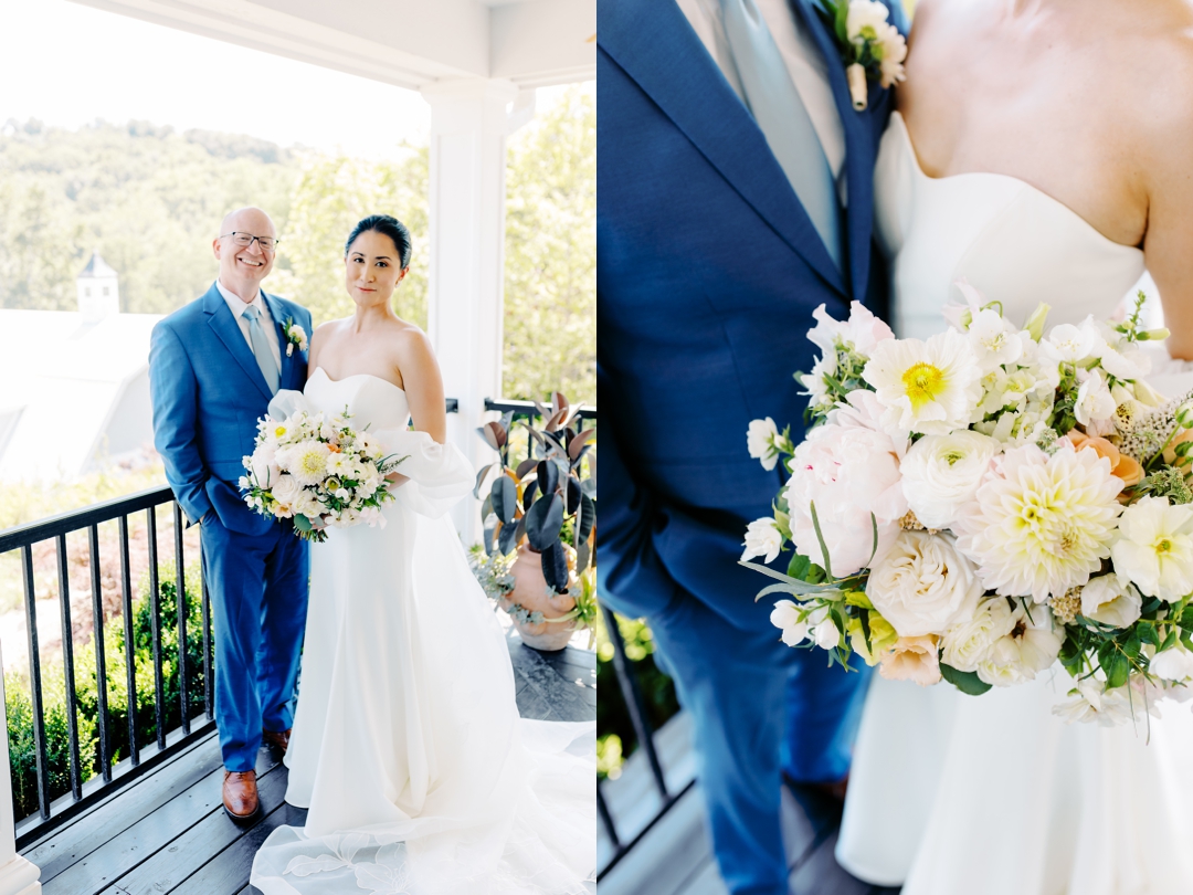 Suzie and Russell embracing at their Sunflower Hill Farm wedding