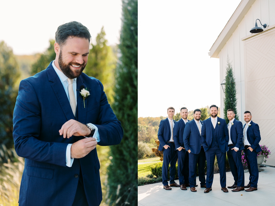 The wedding party posing with Alyssa and Matthew in navy and champagne attire at Westwind Hills.