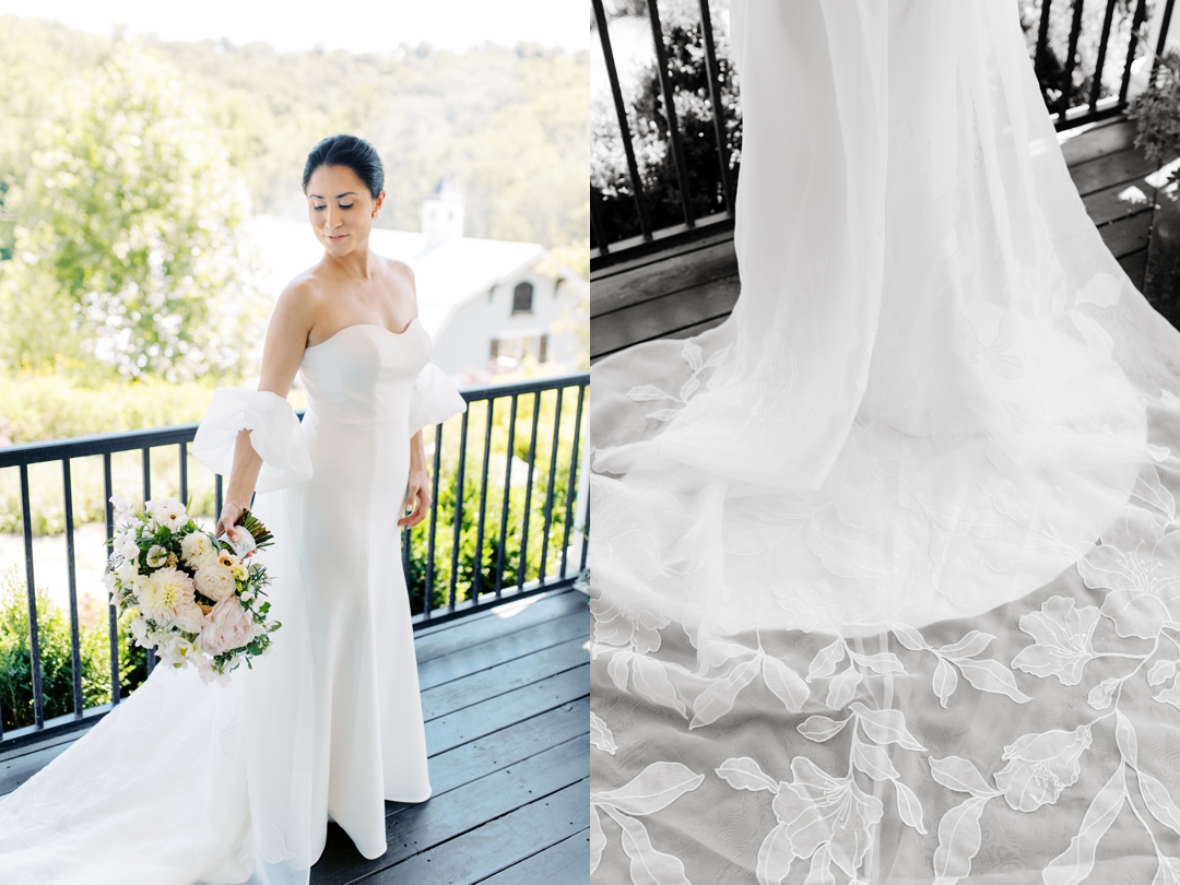 Suzie in her elegant Jenny Yoo gown, standing near the large windows of the bridal suite at Sunflower Hill Farm.