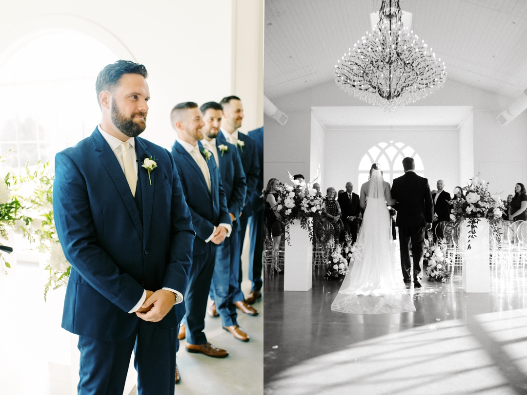 Elegant indoor ceremony at Westwind Hills with navy and champagne wedding colors.