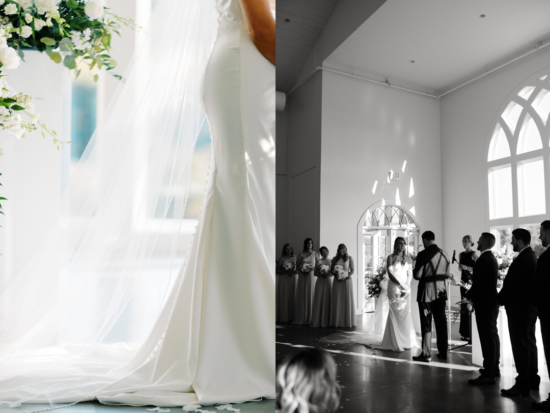 Elegant indoor ceremony at Westwind Hills with navy and champagne wedding colors.