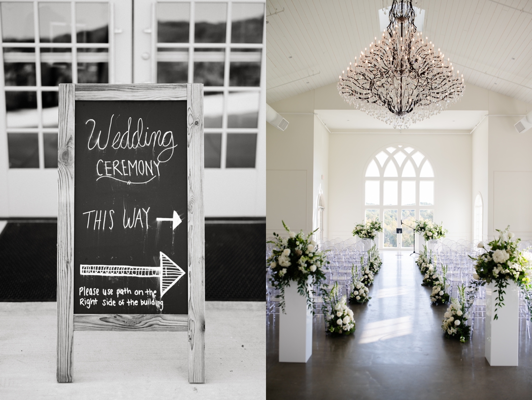 Elegant indoor ceremony at Westwind Hills with navy and champagne wedding colors.