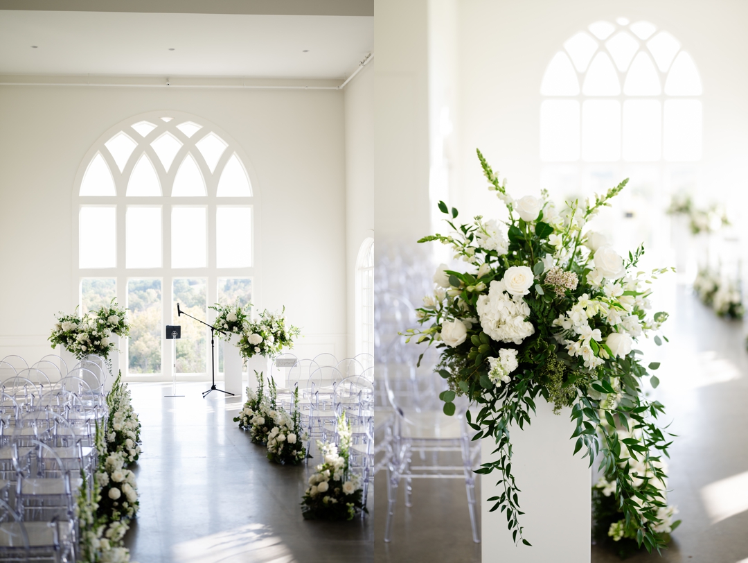 Elegant indoor ceremony at Westwind Hills with navy and champagne wedding colors.