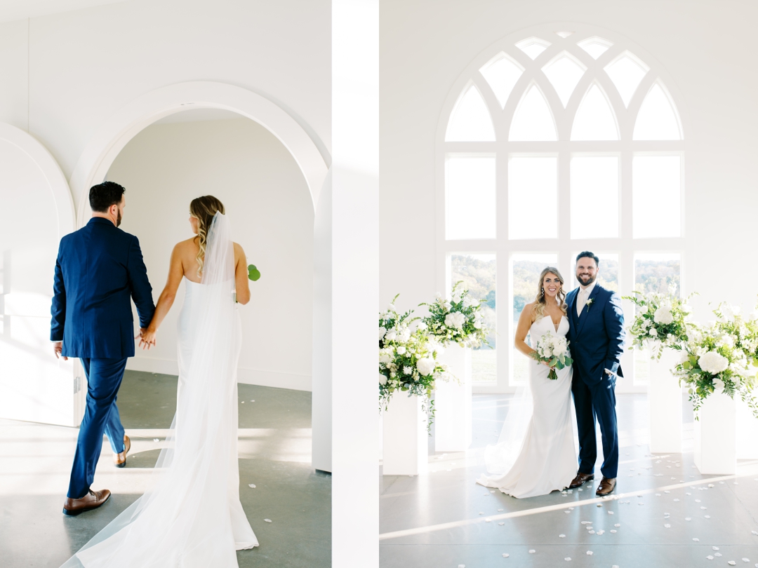 Elegant indoor ceremony at Westwind Hills with navy and champagne wedding colors.