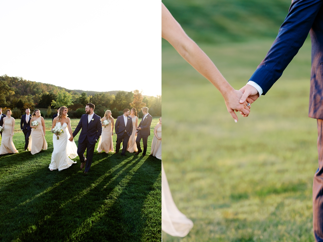 Bride and groom holding hands in the outdoor garden area of Westwind Hills.