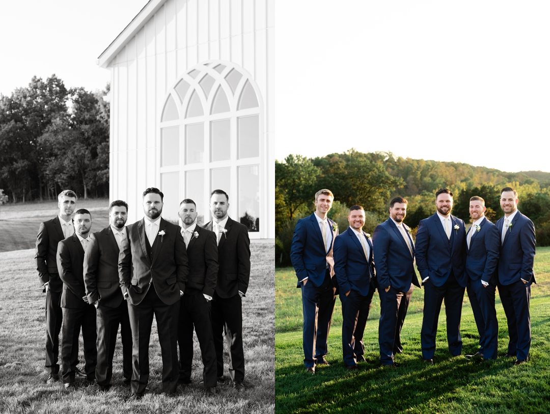 The wedding party posing with Alyssa and Matthew in navy and champagne attire at Westwind Hills.
