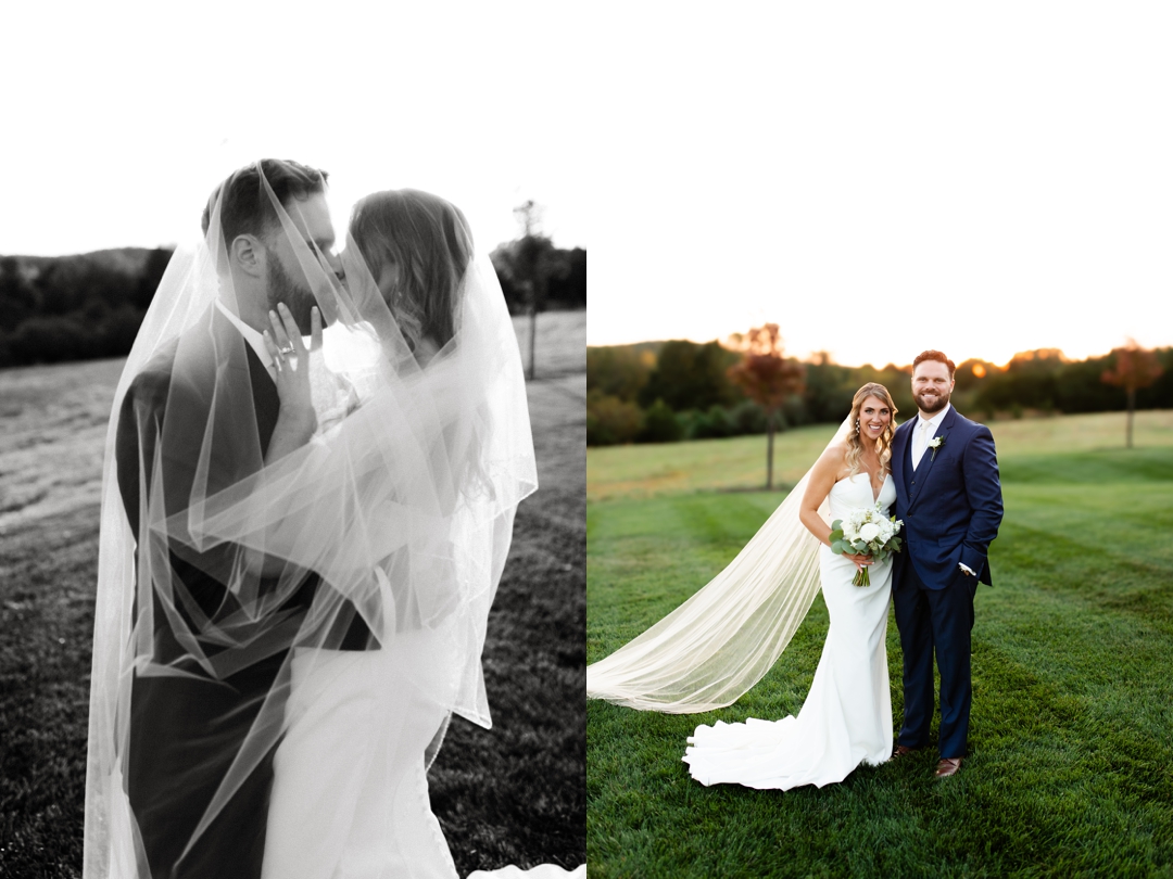 Two portraits of Alyssa and Matthew on their wedding day at Westwind Hills: one romantic black-and-white veil kiss and one smiling couple portrait during sunset in October.