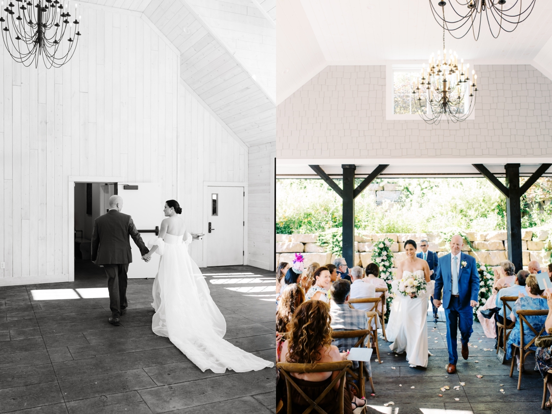 Suzie and Russell exchanging vows on the covered outdoor patio at Sunflower Hill Farm, surrounded by lush floral arrangements.