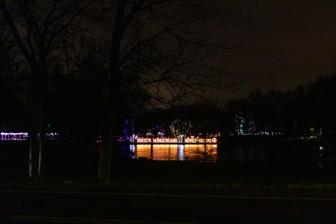 Holiday lights at Winter Wonderland in Tilles Park during a scavenger hunt proposal.