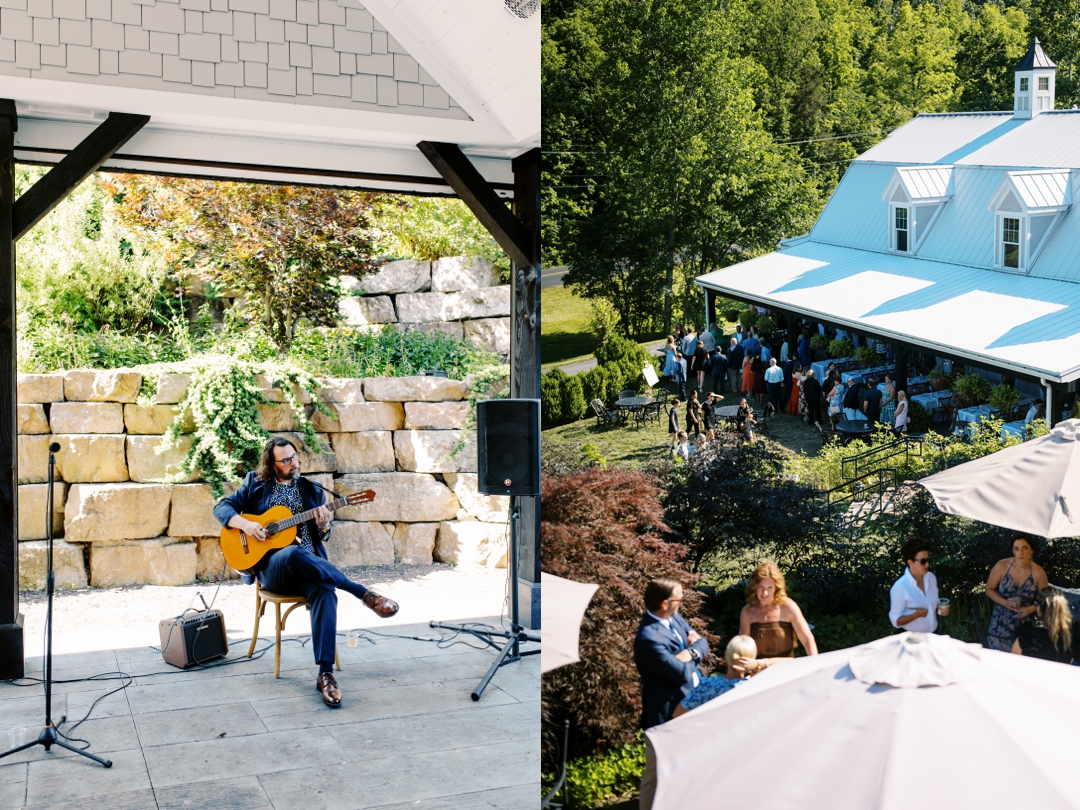 Guests enjoying cocktail hour at Sunflower Hill Farm, mingling under the covered patio with scenic views in the background.