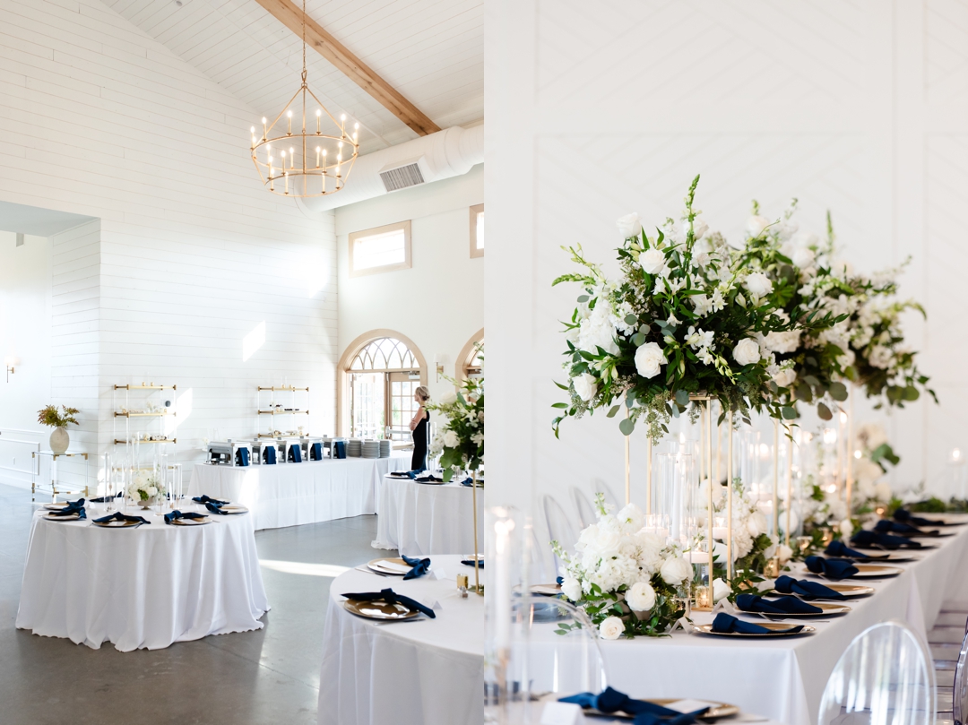Table decor with elegant navy linens, navy accents, and personalized place settings at Westwind Hills.