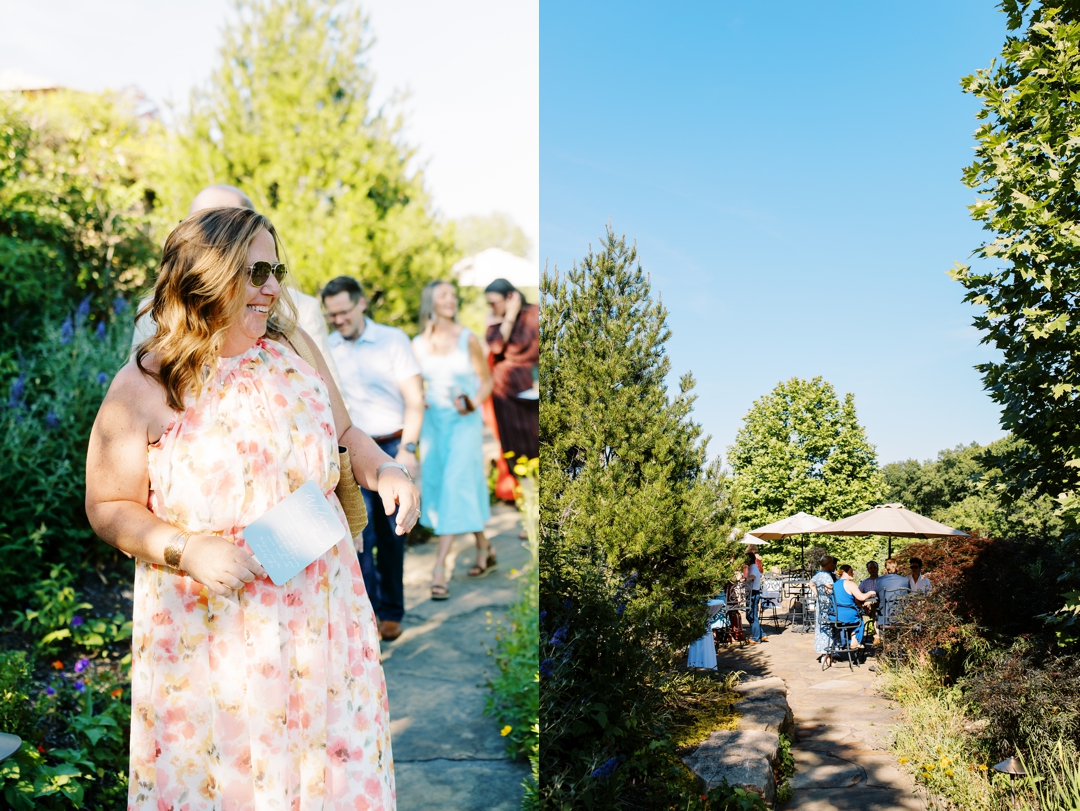 Guests enjoying cocktail hour at Sunflower Hill Farm, mingling under the covered patio with scenic views in the background.