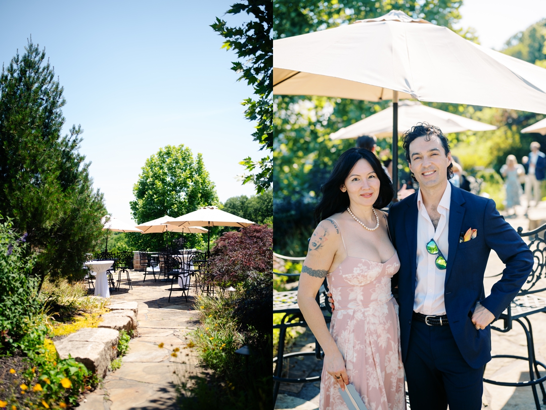 Guests enjoying cocktail hour at Sunflower Hill Farm, mingling under the covered patio with scenic views in the background.