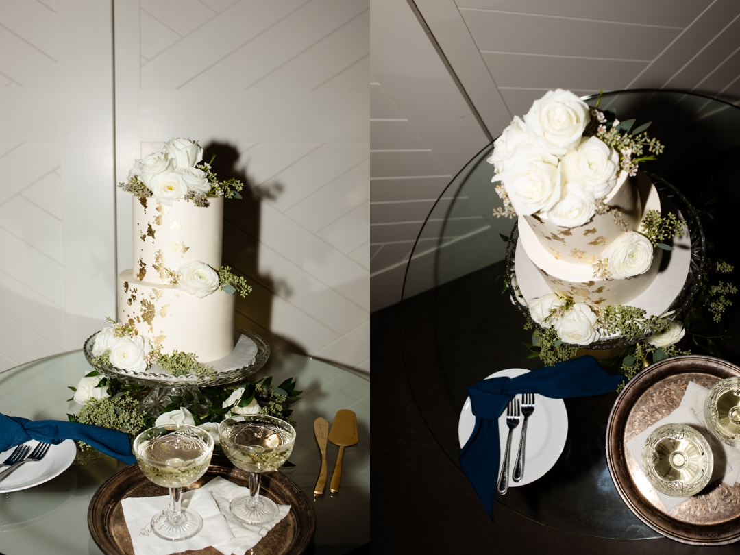 Alyssa and Matthew cutting their elegant white wedding cake at their Westwind Hills reception.