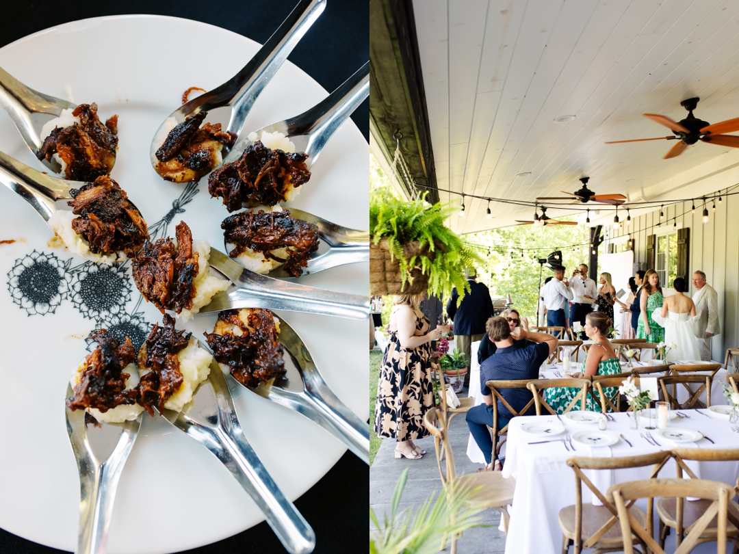 Guests enjoying cocktail hour at Sunflower Hill Farm, mingling under the covered patio with scenic views in the background.