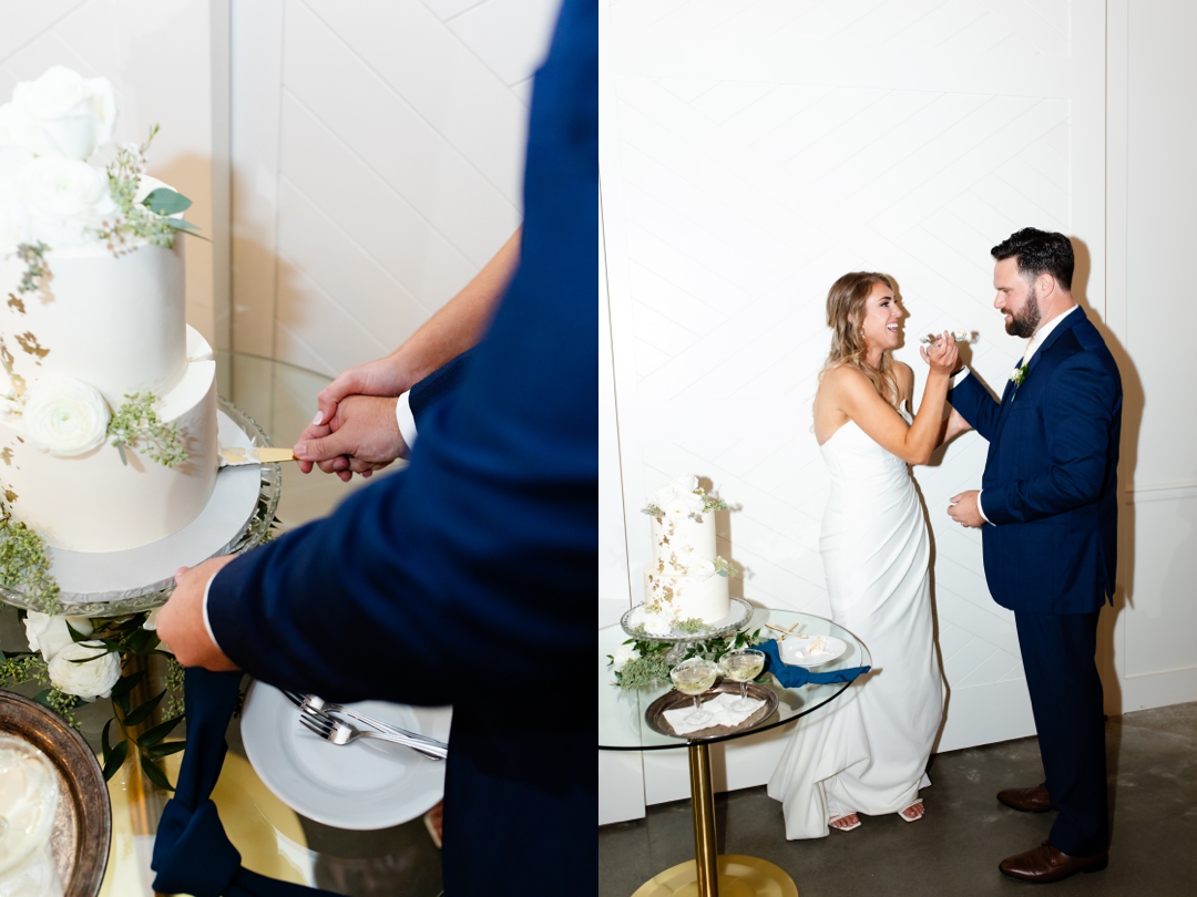 Alyssa and Matthew cutting their elegant white wedding cake at their Westwind Hills reception.