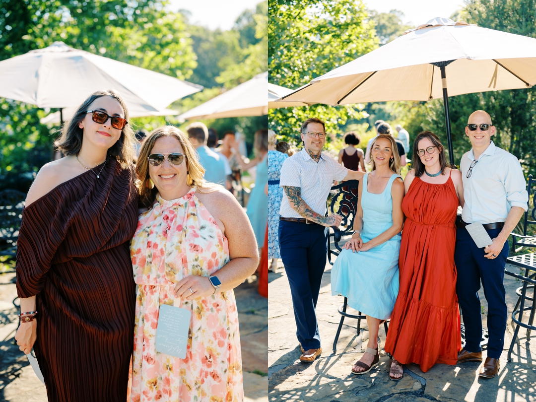 Guests enjoying cocktail hour at Sunflower Hill Farm, mingling under the covered patio with scenic views in the background.