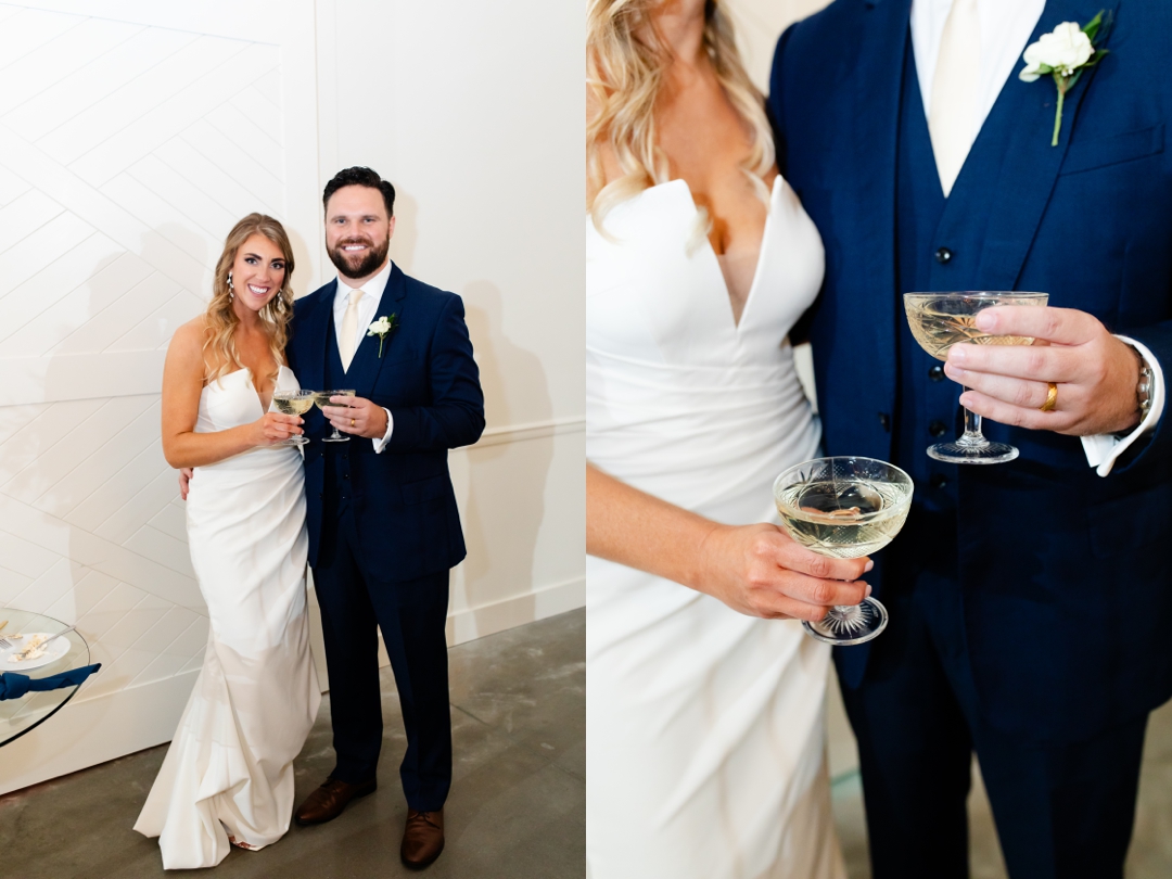 Alyssa and Matthew cutting their elegant white wedding cake at their Westwind Hills reception.