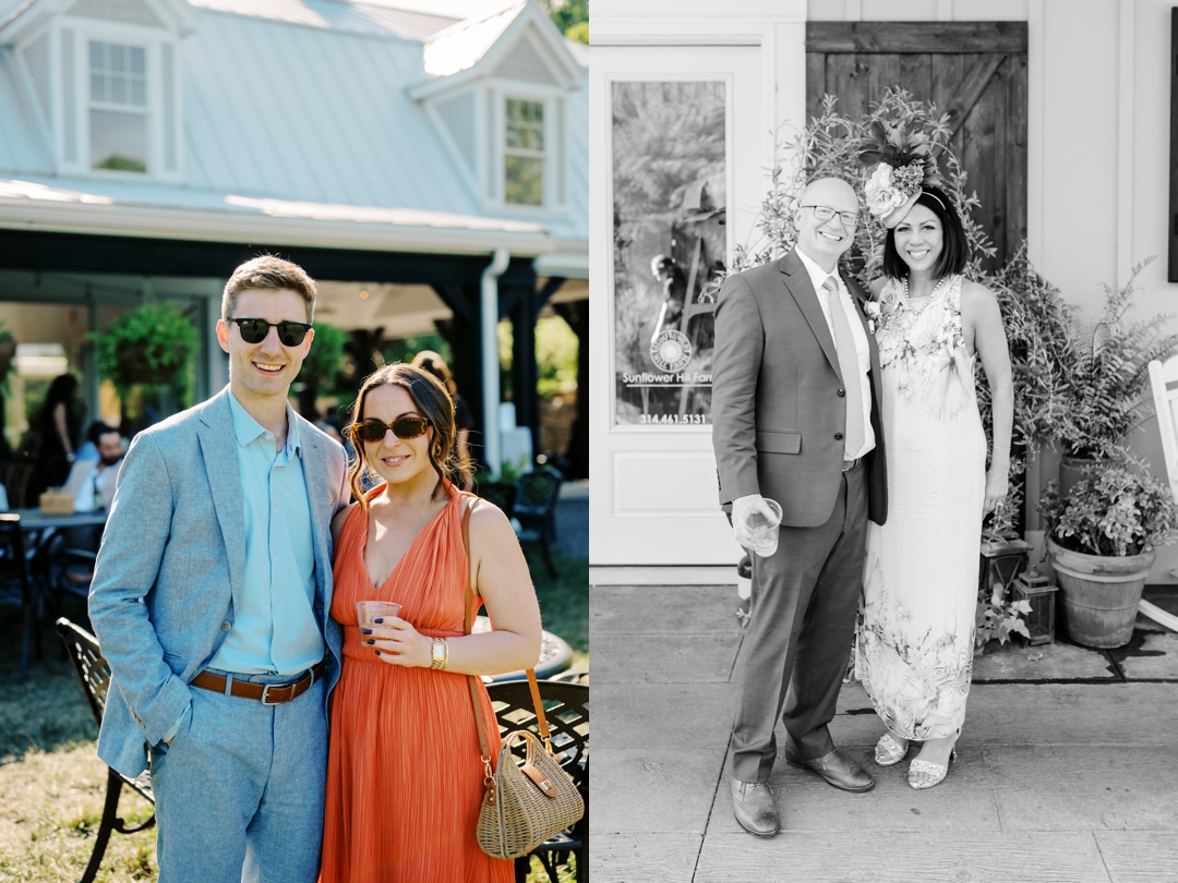 Guests enjoying cocktail hour at Sunflower Hill Farm, mingling under the covered patio with scenic views in the background.