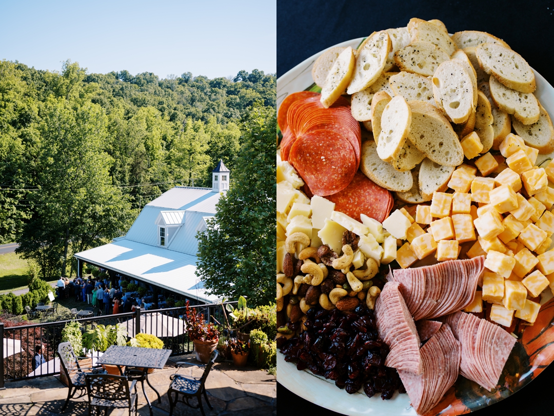 Guests enjoying cocktail hour at Sunflower Hill Farm, mingling under the covered patio with scenic views in the background.