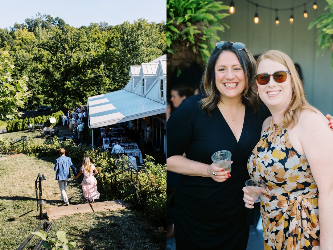 Guests enjoying cocktail hour at Sunflower Hill Farm, mingling under the covered patio with scenic views in the background.