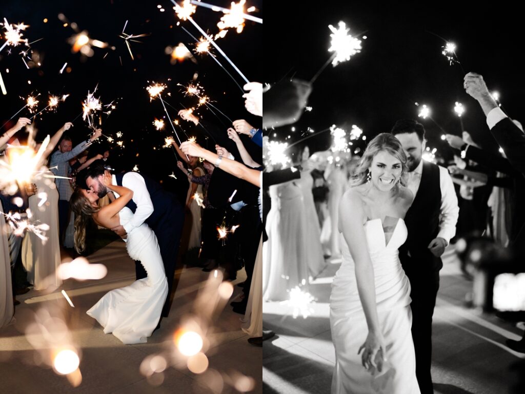 Sparkler exit with Alysa and Matthew surrounded by friends and family outside Westwind Hills.