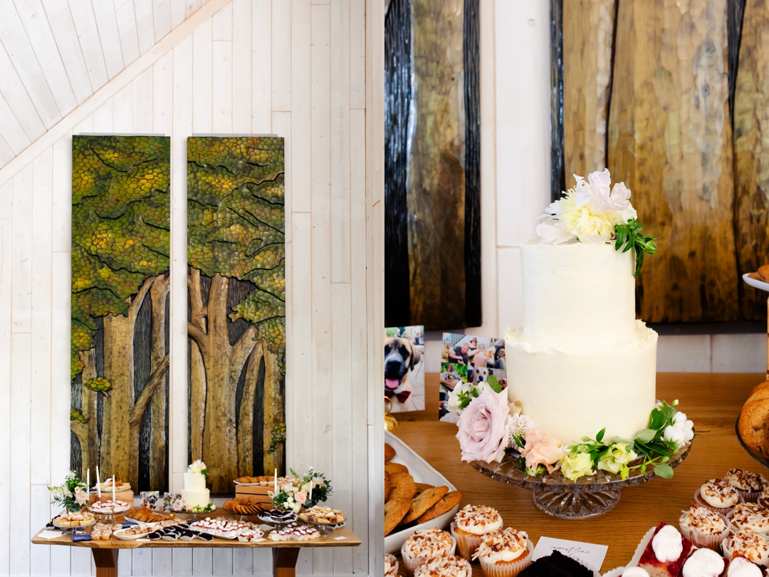 Modern white wedding cake by Mary Boehne of Yolklore, decorated with elegant floral accents for Suzie and Russell’s wedding.