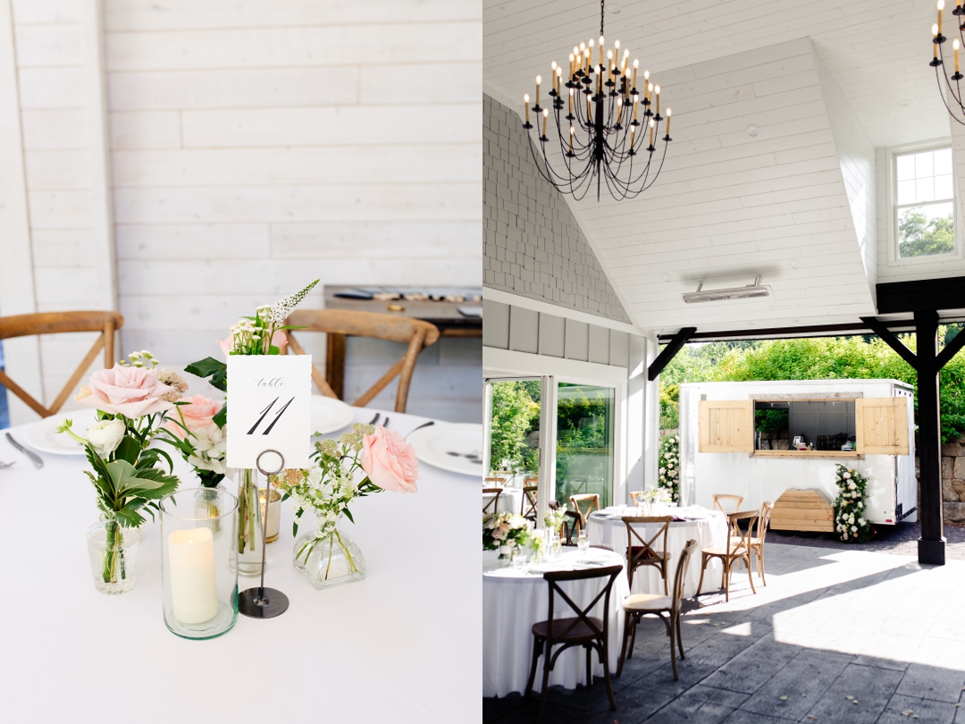 Reception tables set under the covered patio at Sunflower Hill Farm, with open doors connecting to the indoor space for a seamless celebration.