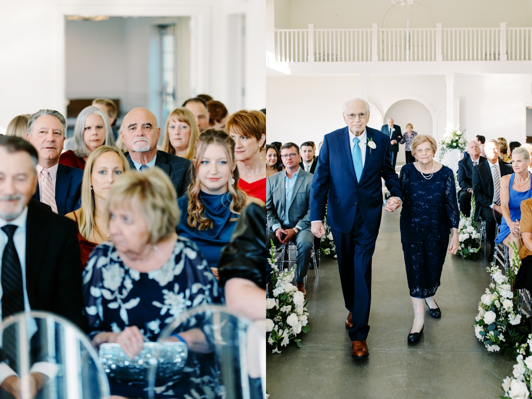 Elegant indoor ceremony at Westwind Hills with navy and champagne wedding colors.