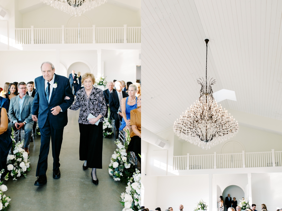 Elegant indoor ceremony at Westwind Hills with navy and champagne wedding colors.