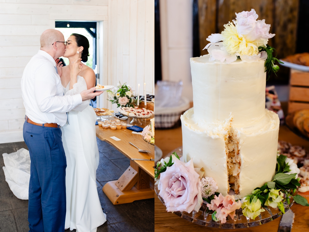 Modern white wedding cake by Mary Boehne of Yolklore, decorated with elegant floral accents for Suzie and Russell’s wedding.