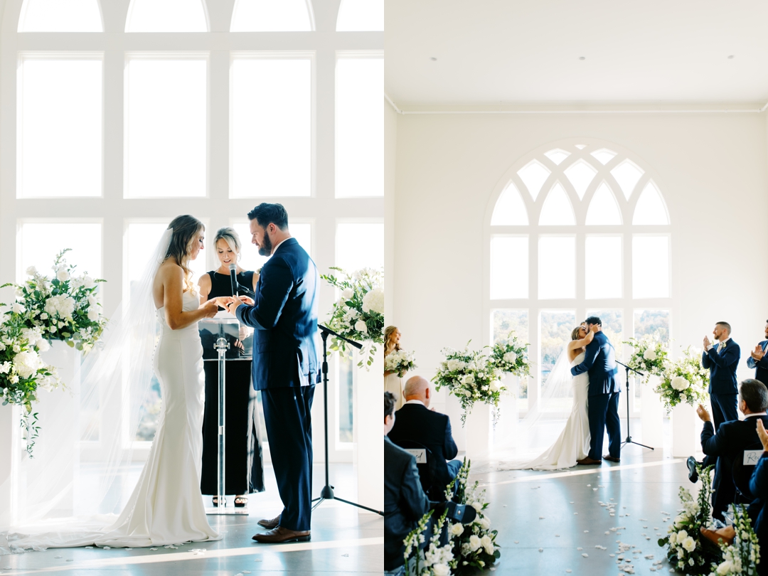 Elegant indoor ceremony at Westwind Hills with navy and champagne wedding colors.