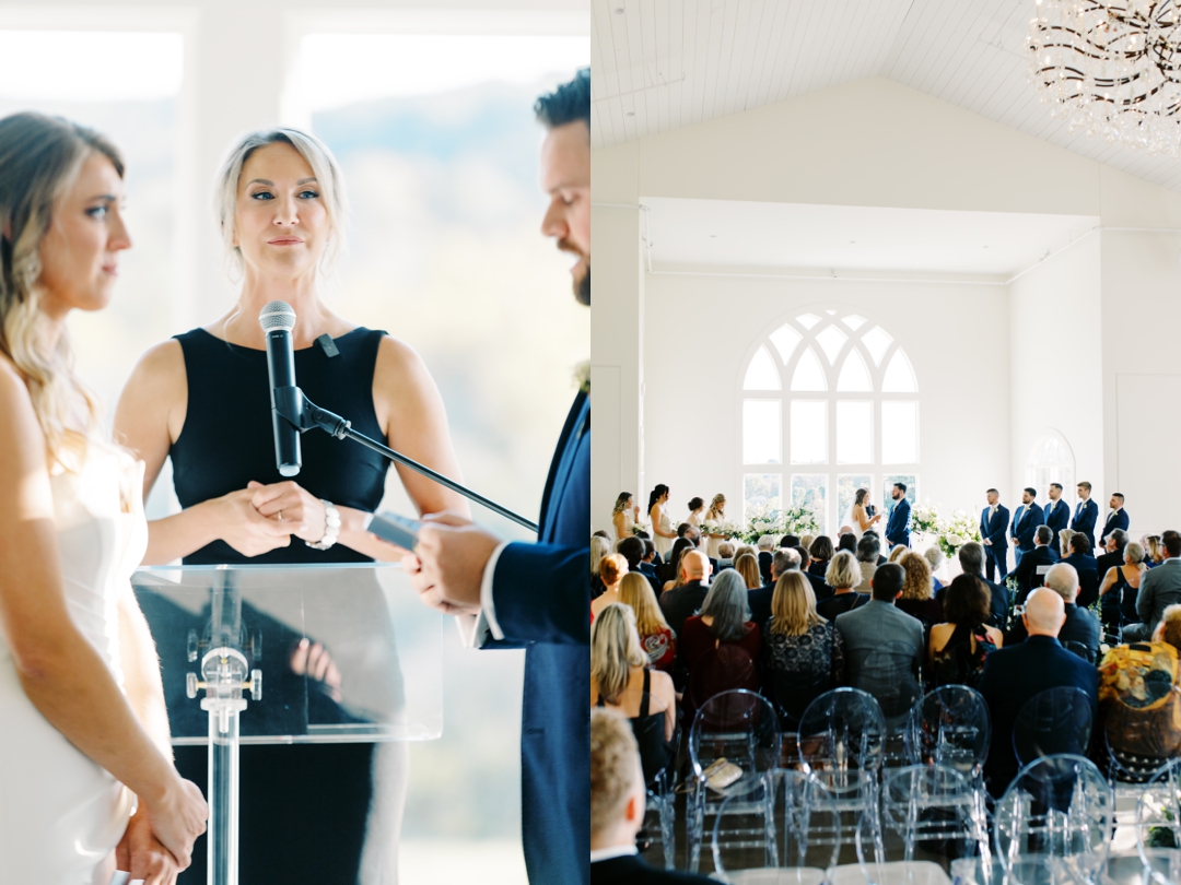 Elegant indoor ceremony at Westwind Hills with navy and champagne wedding colors.