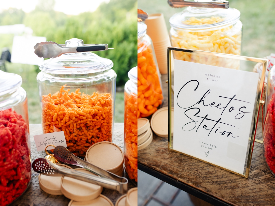 The Cheetos station opening at Suzie and Russell’s wedding reception, adding a fun touch after the dance floor started