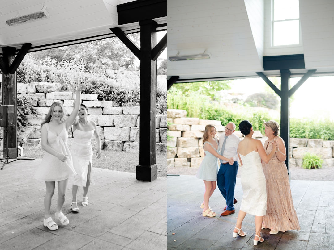 Guests dancing to music by Diamond Empire during Suzie and Russell’s wedding reception at Sunflower Hill Farm