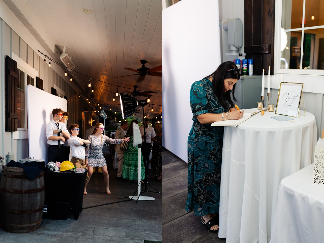 Guests enjoying the Glow Booth photobooth at Suzie and Russell’s wedding, capturing fun and candid moments.