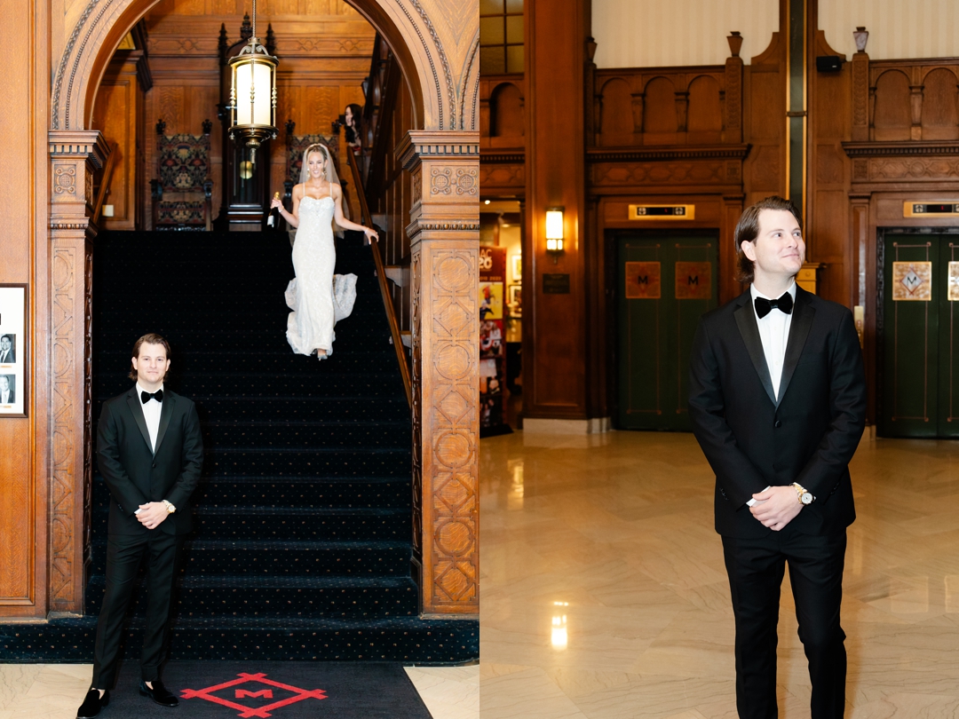 Bride Deane descending the grand staircase at the Missouri Athletic Club, holding a bottle of champagne for her first look.