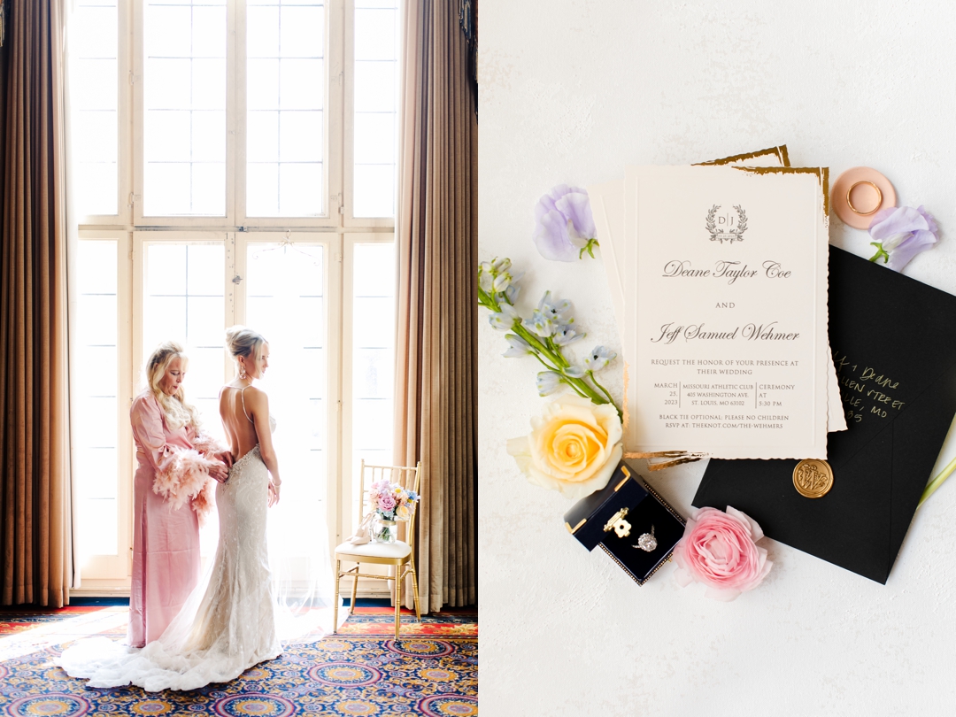 Mom helping Bride into her wedding dress