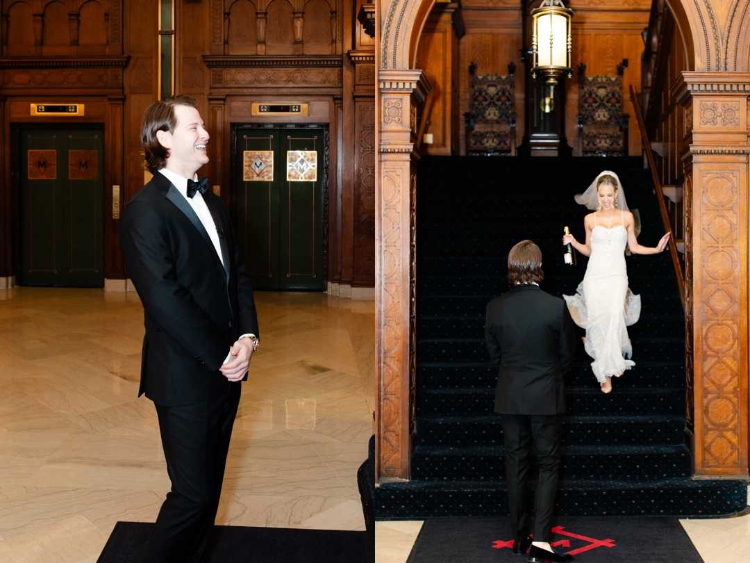 Deane walking toward Jeff during their first look at the Missouri Athletic Club, holding a bottle of champagne.
