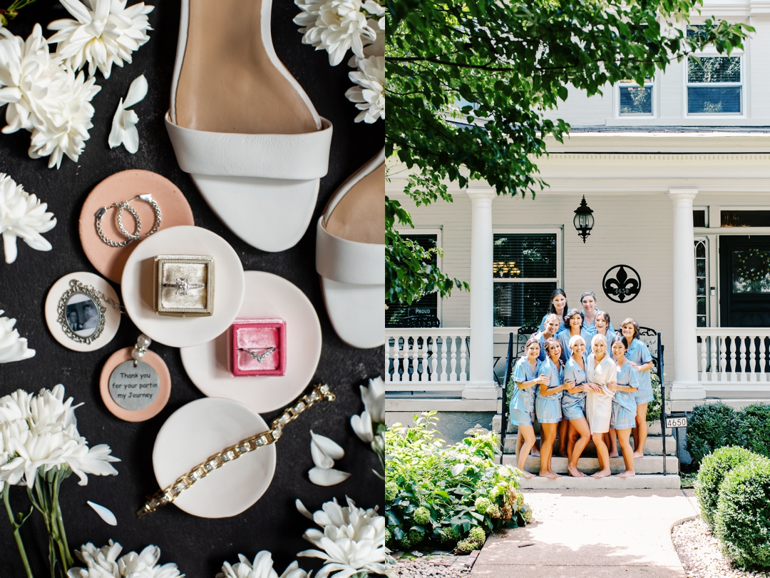 Bride Amanda laughing while her bridesmaids help her get ready for the big day.