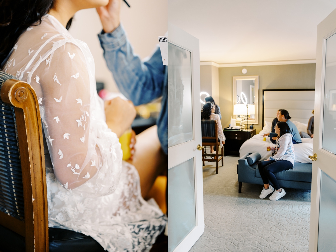 Bride getting ready in a luxurious suite at The Ritz-Carlton St. Louis.
